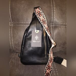 Moda Luxe Black Leather Regina Sling Backpack Purse With Printed Strap